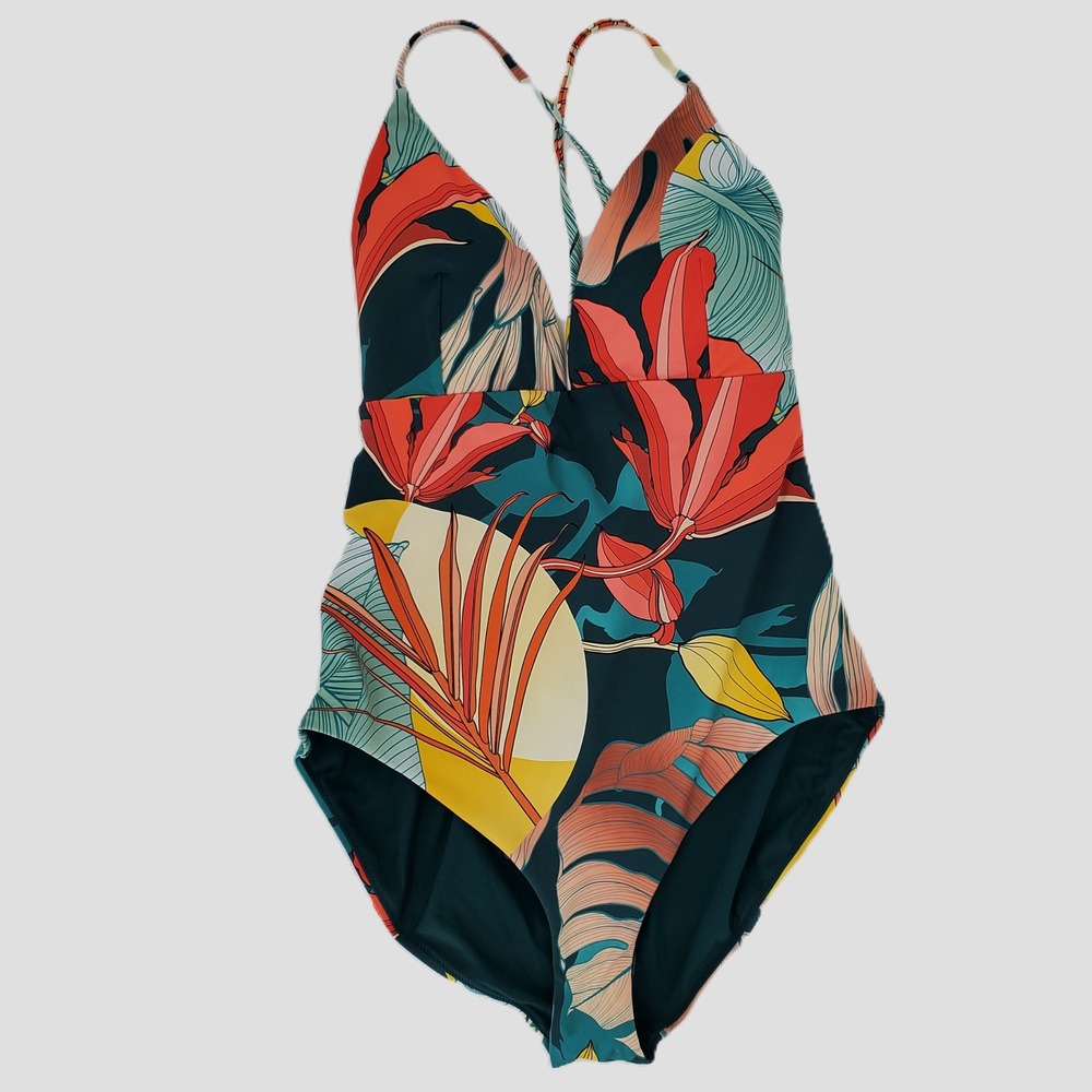 Calia Womens 14 One Piece Triangle‎ Strappy Swimsuit Tie Back Tropical Floral
